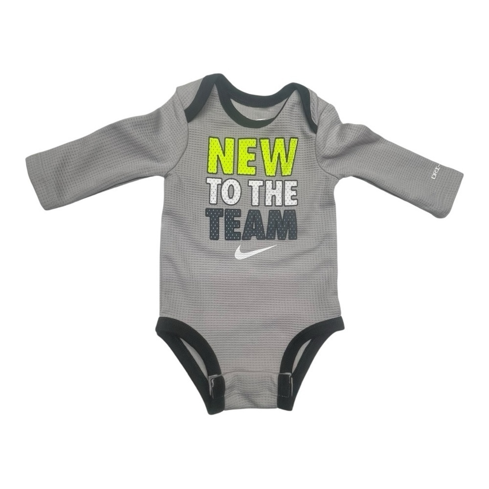 Nike baby Gray and Neon Yellow Bodysuit DRI-FET 3M “New to the Team” print